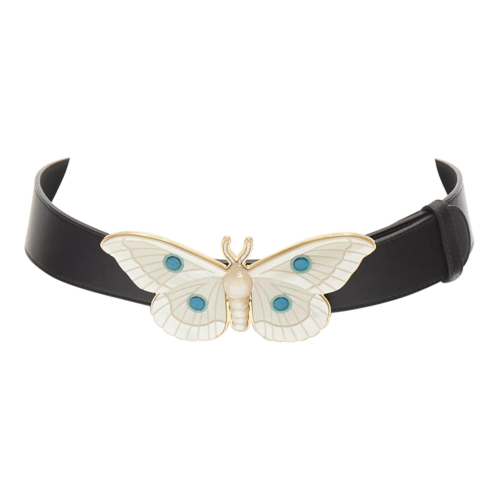 GUCCI Alessandro Michele cream mother of pearl butterfly black leather belt 75cm