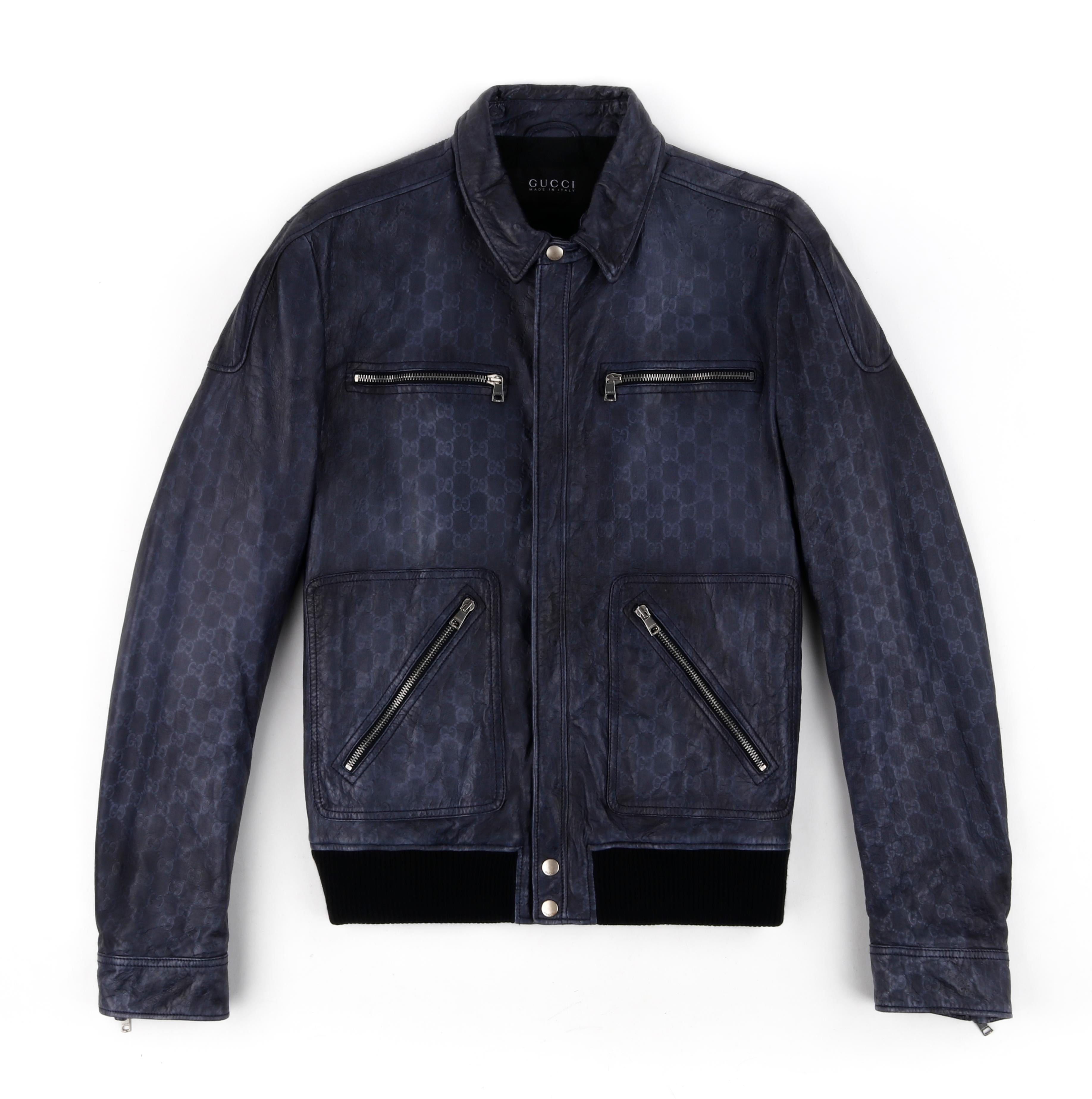GUCCI Alessandro Michele GG Guccissima Blue Sprayed Leather Embossed Bomber Jacket / Coat
 
Estimated Retail: $3,150
 
Brand / Manufacturer: Gucci
Manufacturer Style Name: Bomber Jacket
Color(s): Blue
Lined: Yes
Marked Fabric Content: 100% Genuine