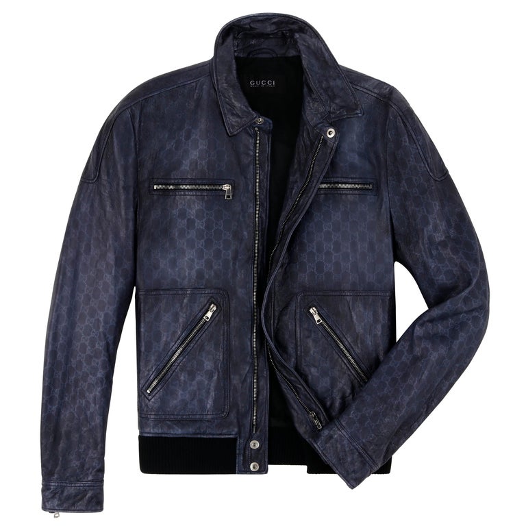 GUCCI Alessandro Michele GG Guccissima Blue Leather Embossed Bomber Jacket  Coat at 1stDibs | gucci blue leather jacket