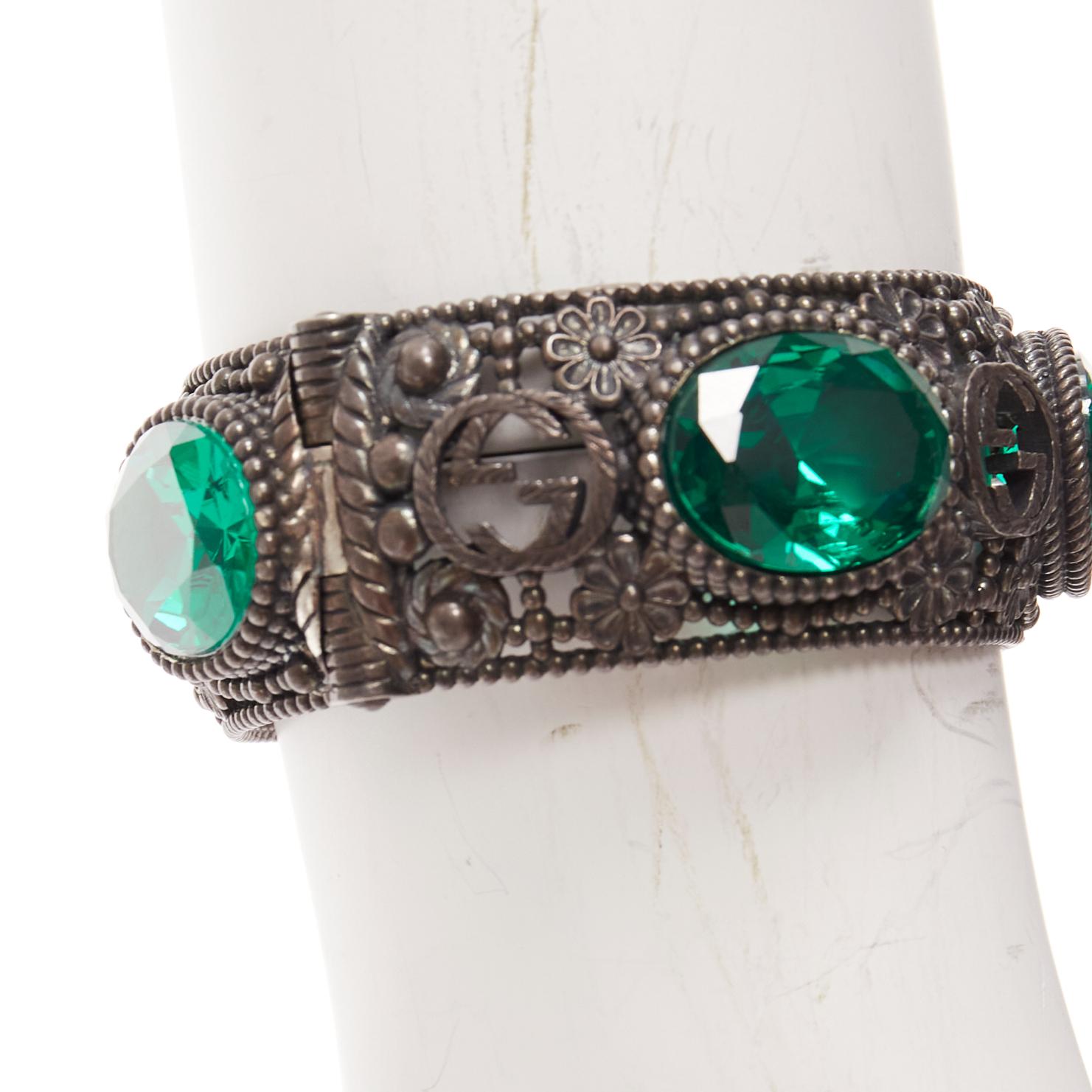 GUCCI Alessandro Michele GG logo green crystal antique gunmetal bangle In New Condition For Sale In Hong Kong, NT