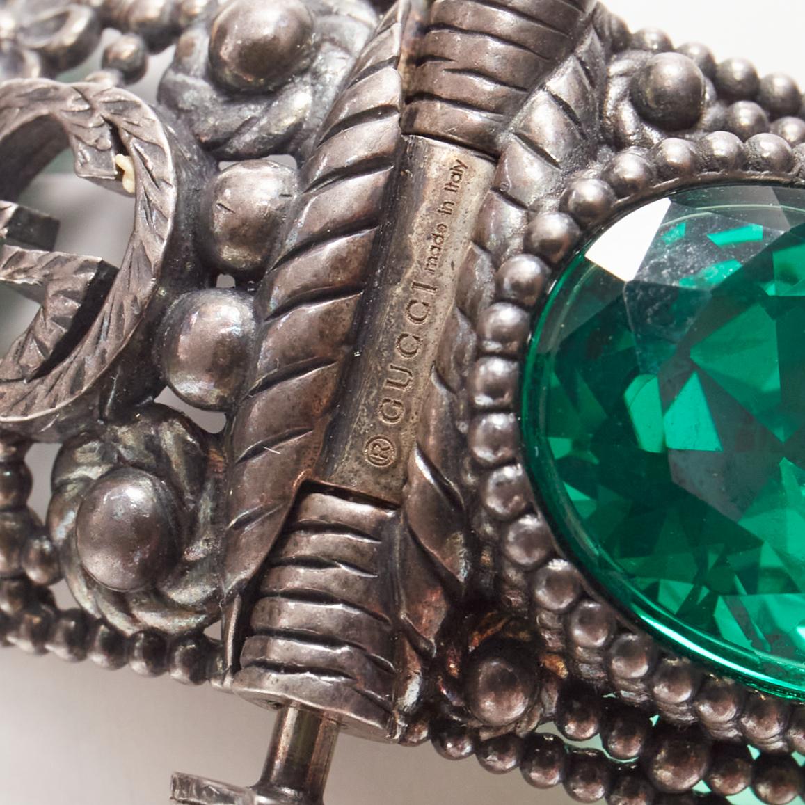 Women's GUCCI Alessandro Michele GG logo green crystal antique gunmetal bangle For Sale