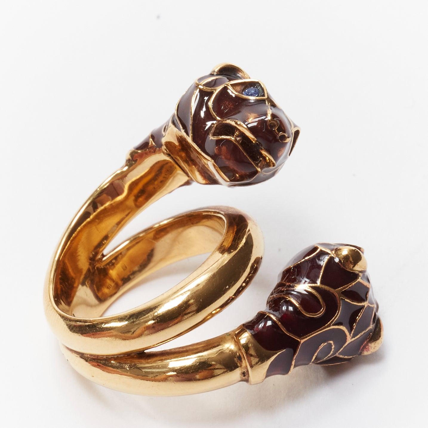 GUCCI Alessandro Michele gold double tiger head enamel crystal ring Sz10 In Excellent Condition In Hong Kong, NT