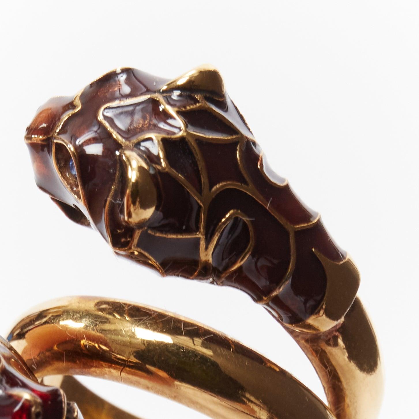 GUCCI Alessandro Michele gold double tiger head enamel crystal ring Sz10 3