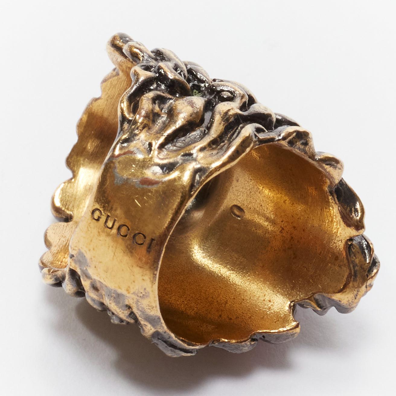 Women's GUCCI Alessandro Michele gold lion purple crystal oversized cocktail ring Sz0 For Sale