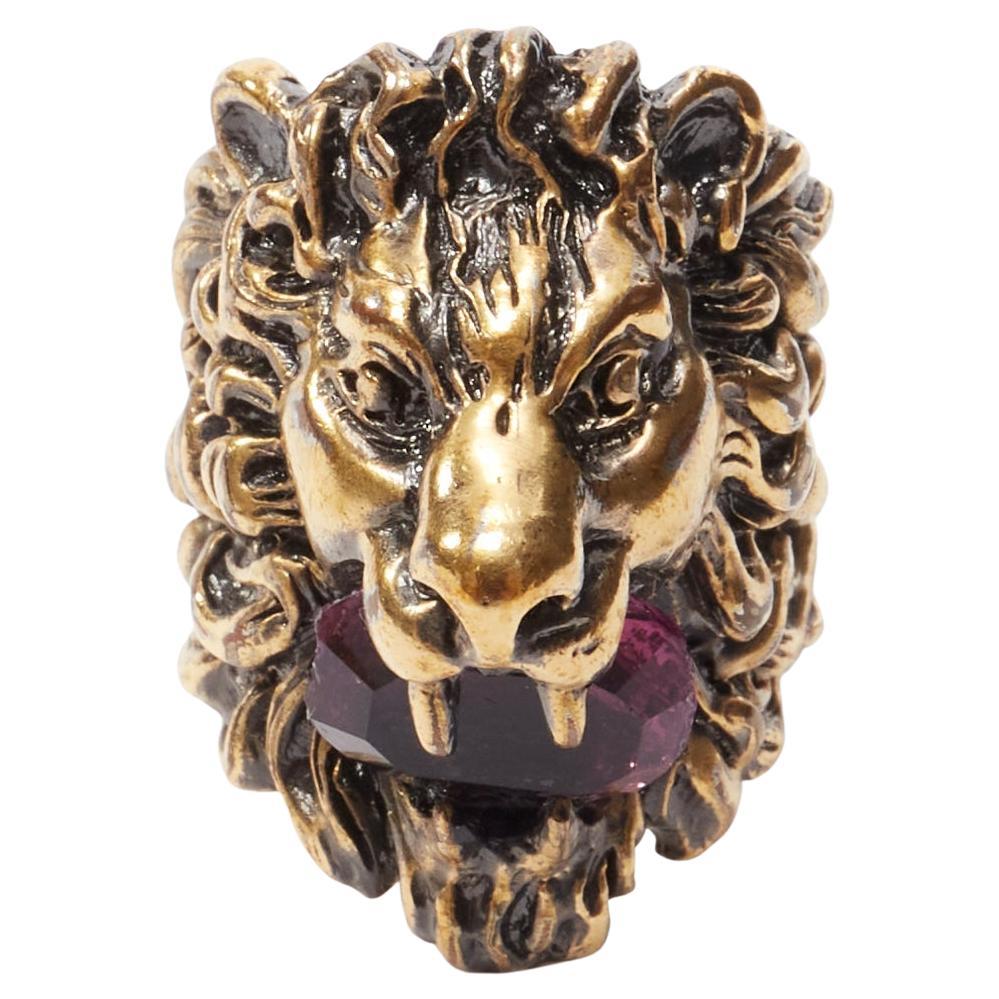 GUCCI Alessandro Michele gold lion purple crystal oversized cocktail ring Sz0 For Sale