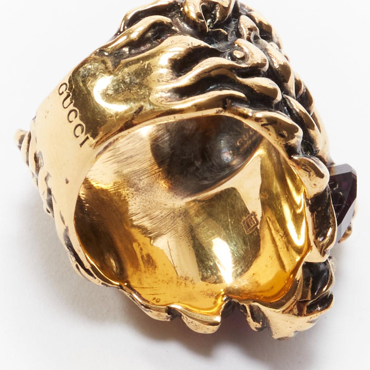 Women's GUCCI Alessandro Michele gold lion purple crystal oversized cocktail ring Sz1