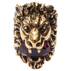 GUCCI Alessandro Michele gold lion purple crystal oversized cocktail ring Sz1
