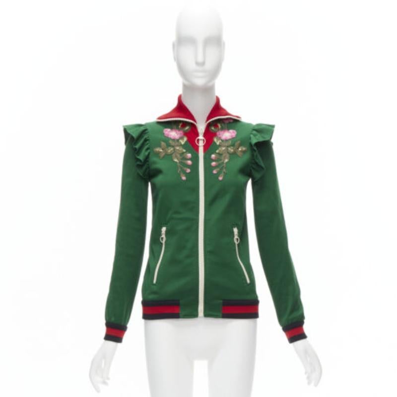 GUCCI Alessandro Michele green pink floral applique ruffled track jacket XS For Sale 6