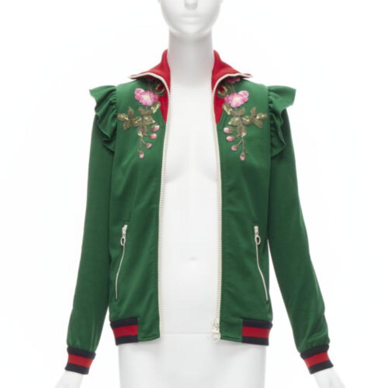 Black GUCCI Alessandro Michele green pink floral applique ruffled track jacket XS For Sale