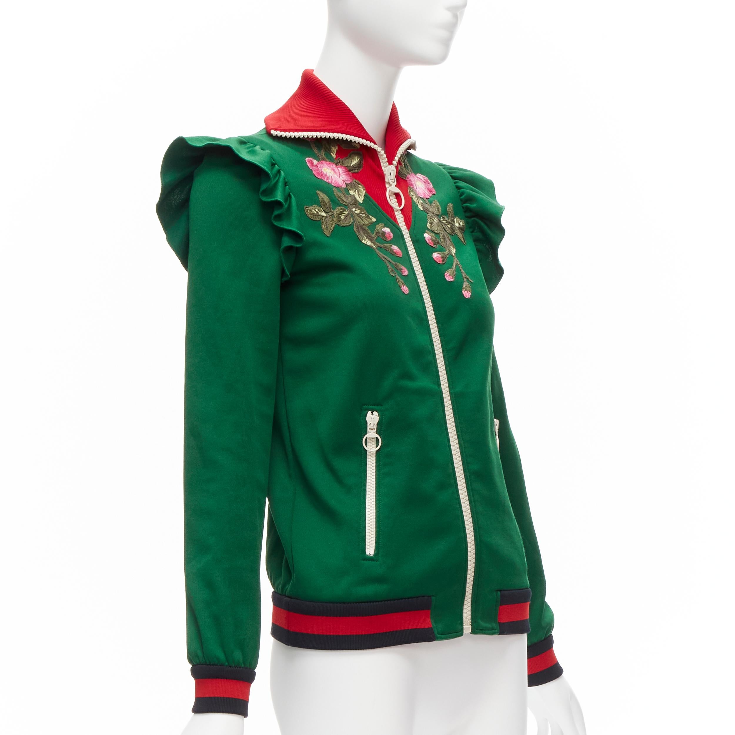 GUCCI Alessandro Michele Grüne, rosa, geraffte track-Jacke mit Blumenapplikation XS Damen im Angebot