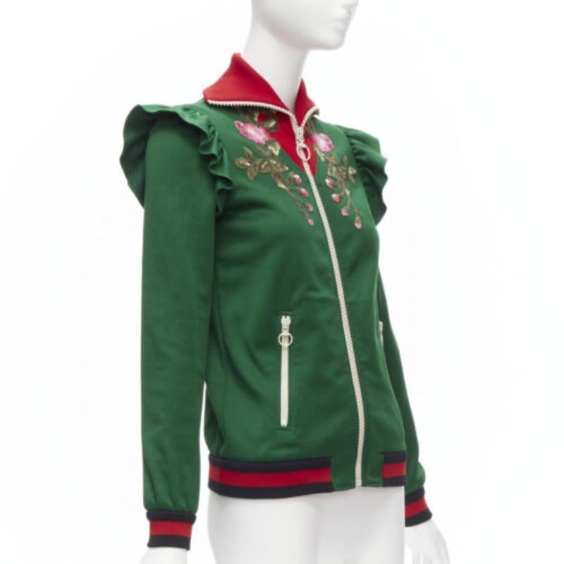 GUCCI Alessandro Michele green pink floral applique ruffled track jacket XS In Good Condition For Sale In Hong Kong, NT