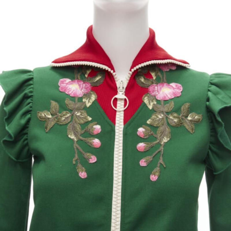 GUCCI Alessandro Michele green pink floral applique ruffled track jacket XS For Sale 3