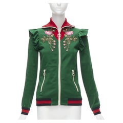 GUCCI Alessandro Michele green pink floral applique ruffled track jacket XS