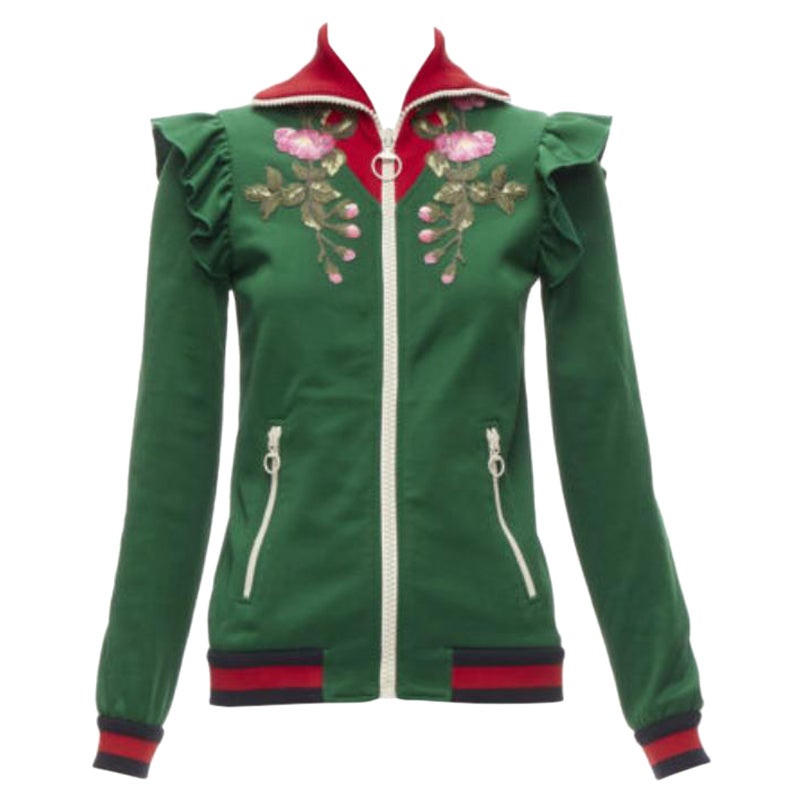 GUCCI Alessandro Michele Grüne, rosa, geraffte track-Jacke mit Blumenapplikation XS