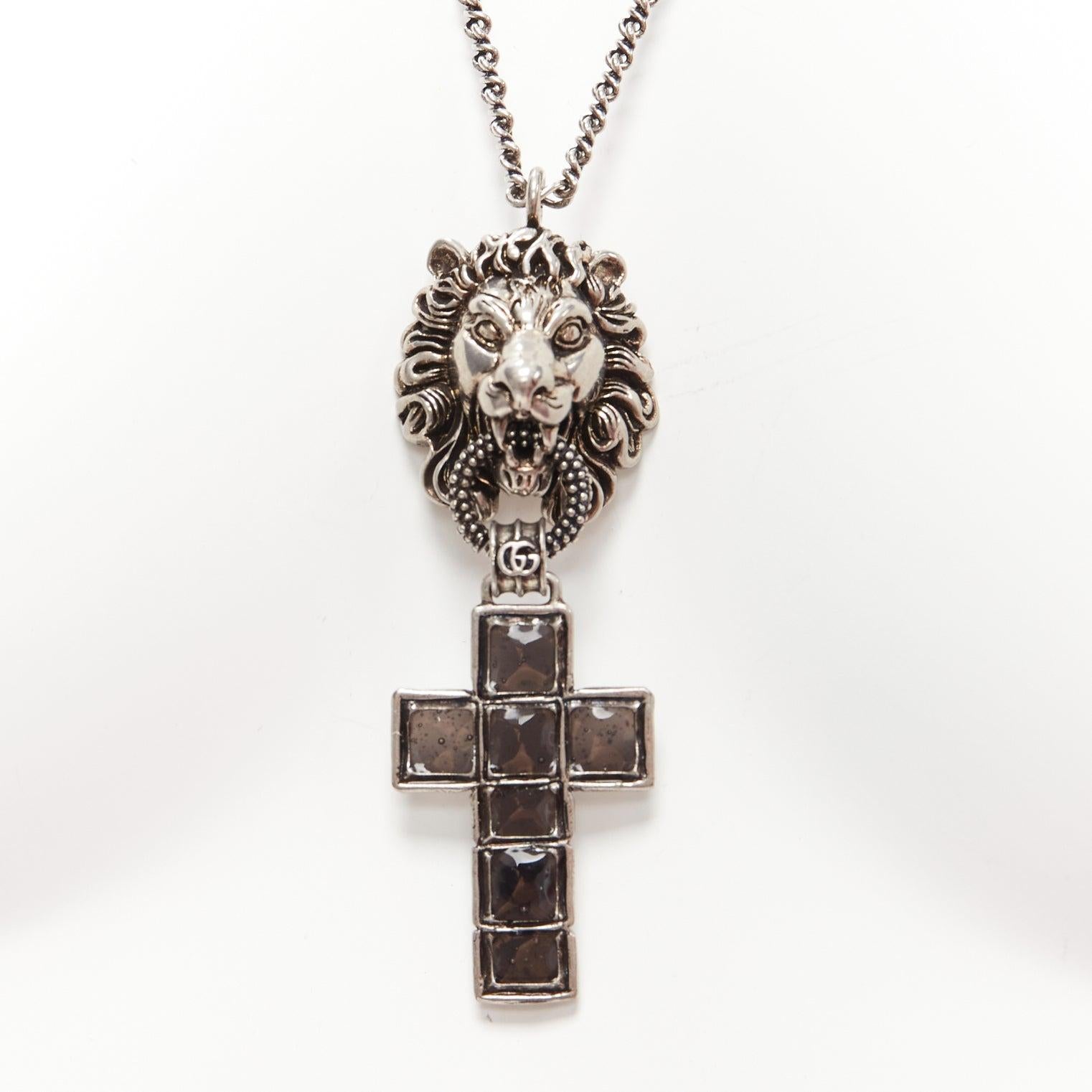 GUCCI Alessandro Michele Lion head Byzantine cross long necklace
Reference: TGAS/D00848
Brand: Gucci
Designer: Alessandro Michele
Material: Metal
Color: Black, Silver
Pattern: Animal Print
Closure: Lobster Clasp
Lining: Silver Metal
Extra Details: