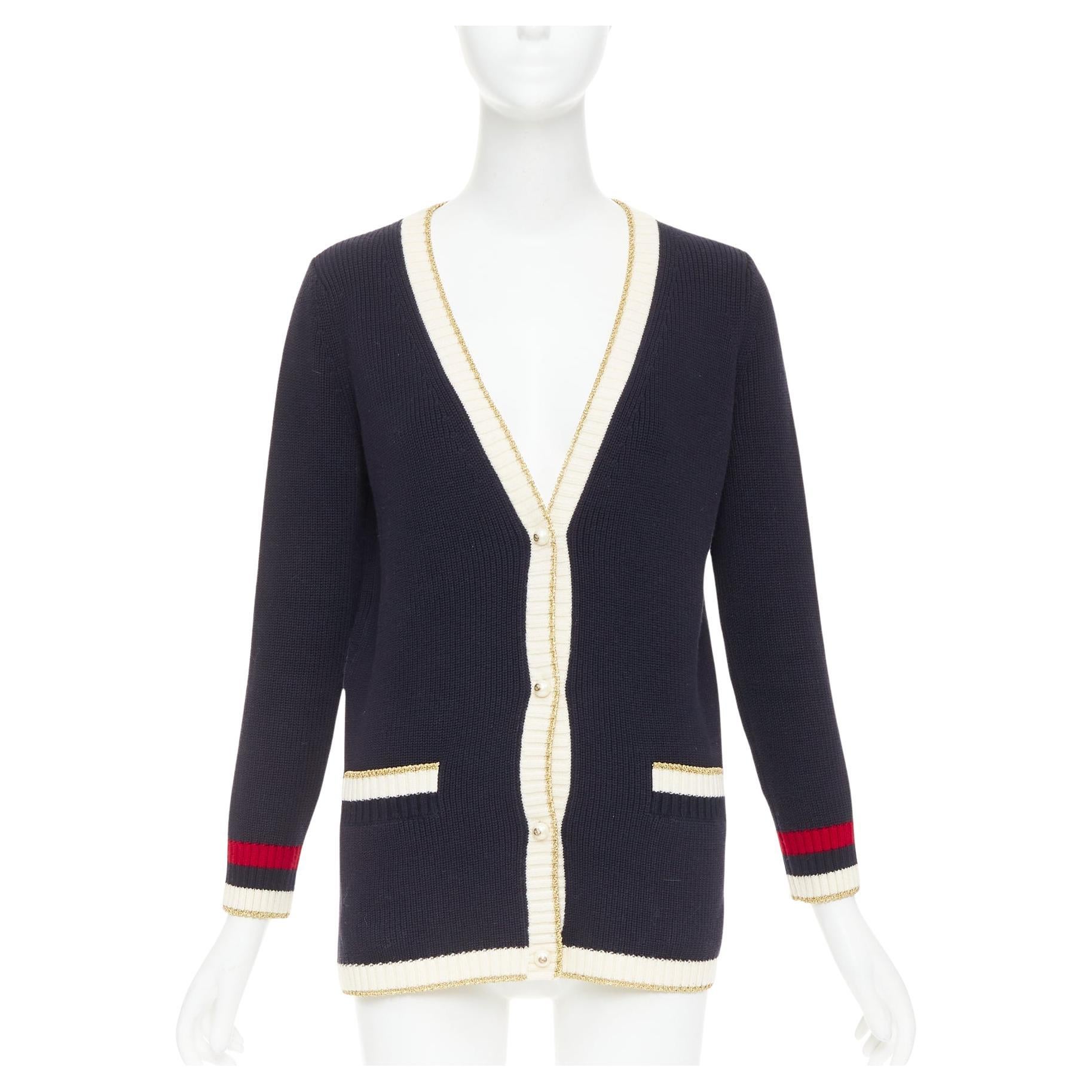 GUCCI Alessandro Michele navy cotton blend web pearl button cardigan XS