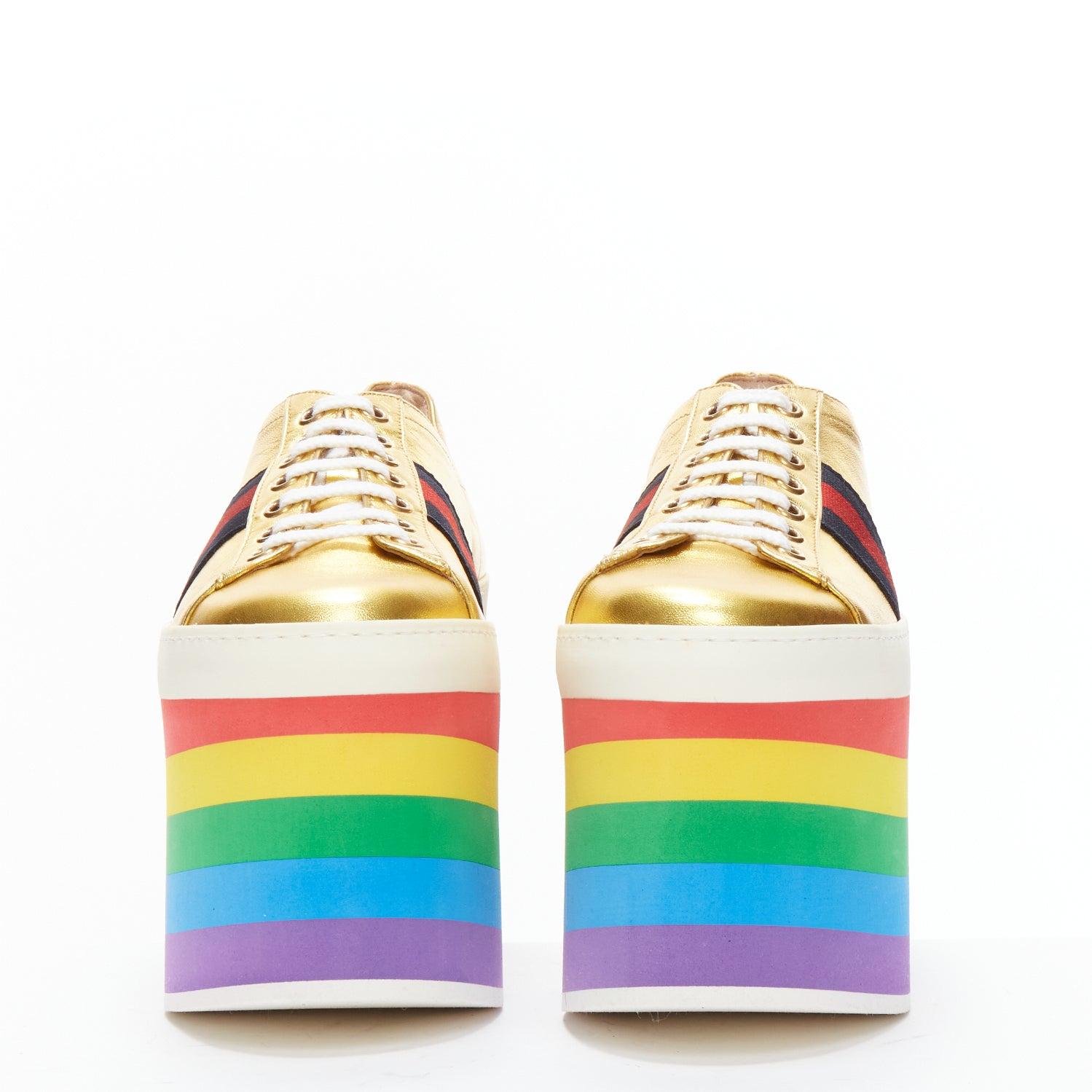 Gold GUCCI Alessandro Michele Peggy rainbow gold web platform sneakers EU37.5 For Sale