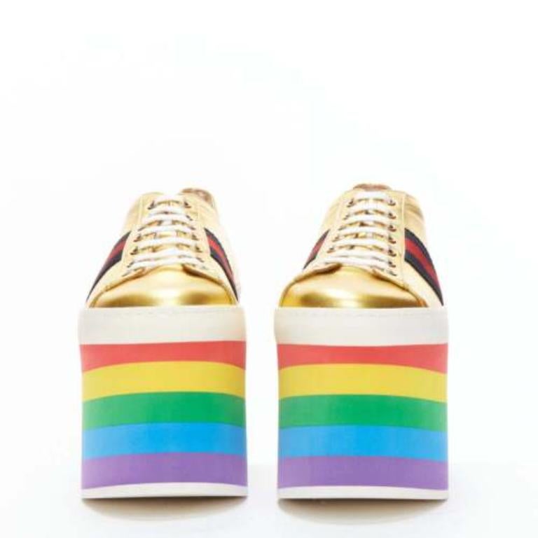 Oro Gucci Alessandro Michele Peggy rainbow gold web platform scarpe da ginnastica EU37.5 in vendita