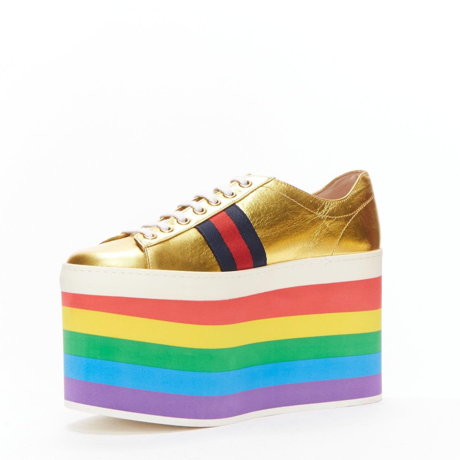 GUCCI Alessandro Michele Peggy rainbow gold web platform sneakers EU37.5 In Good Condition For Sale In Hong Kong, NT