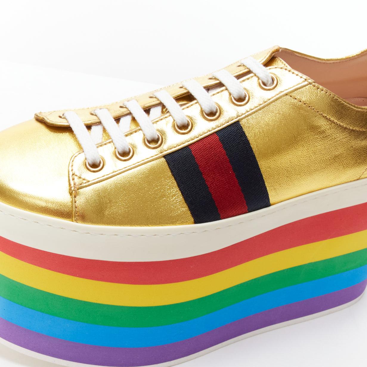 GUCCI Alessandro Michele Peggy rainbow gold web platform sneakers EU37.5 For Sale 2
