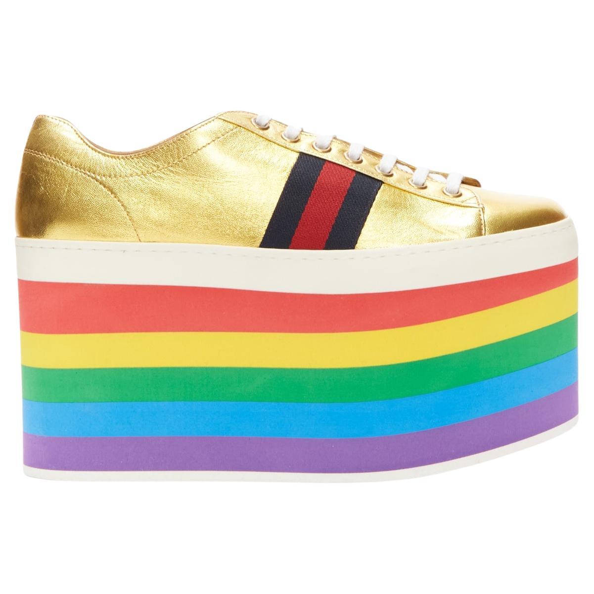 GUCCI Alessandro Michele Peggy rainbow gold web platform sneakers EU37.5 For Sale