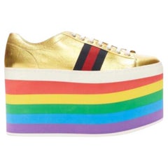 GUCCI Alessandro Michele Peggy rainbow gold web platform sneakers EU37.5