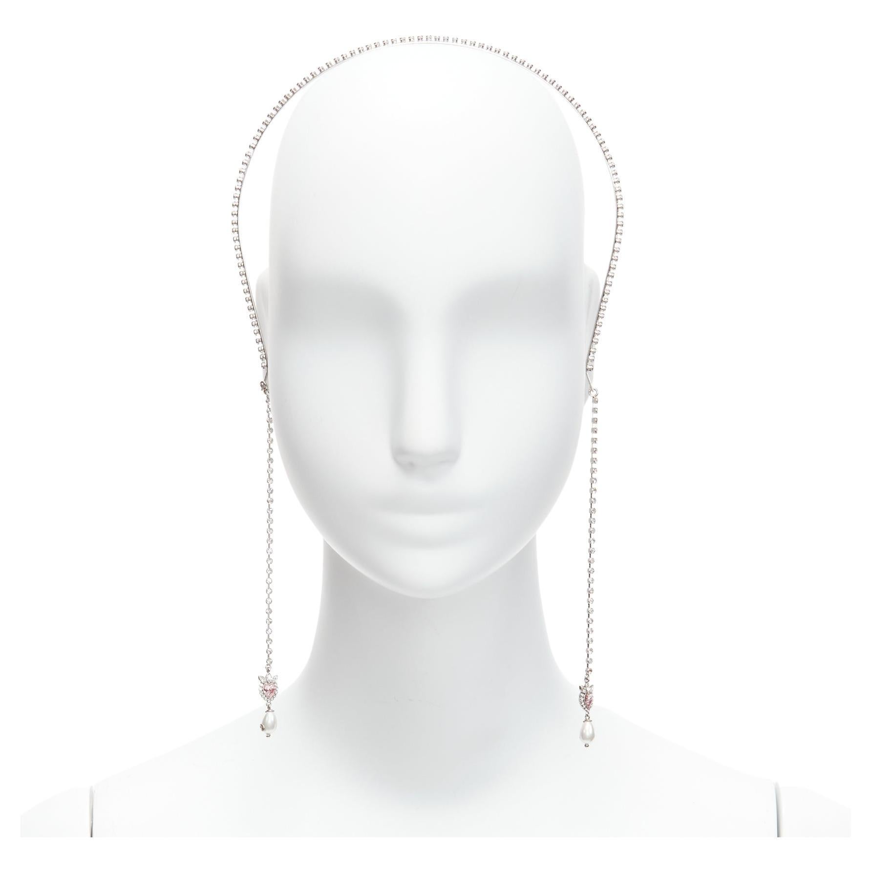 GUCCI Alessandro Michele pink heart crystal logo pearl dangling charm hairband For Sale