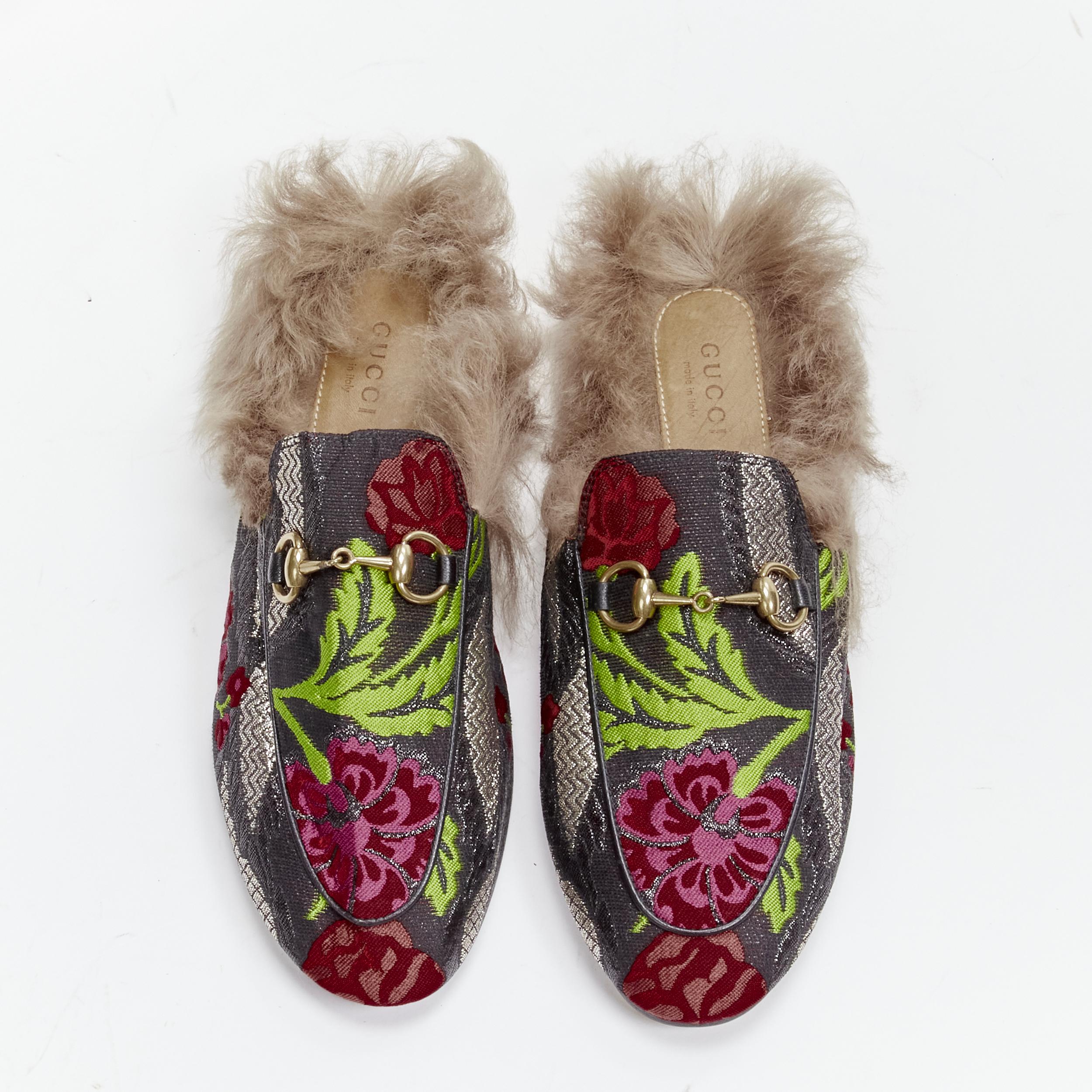 GUCCI Alessandro Michele Princetown floral jacquard fur lined loafer EU36 For Sale 6