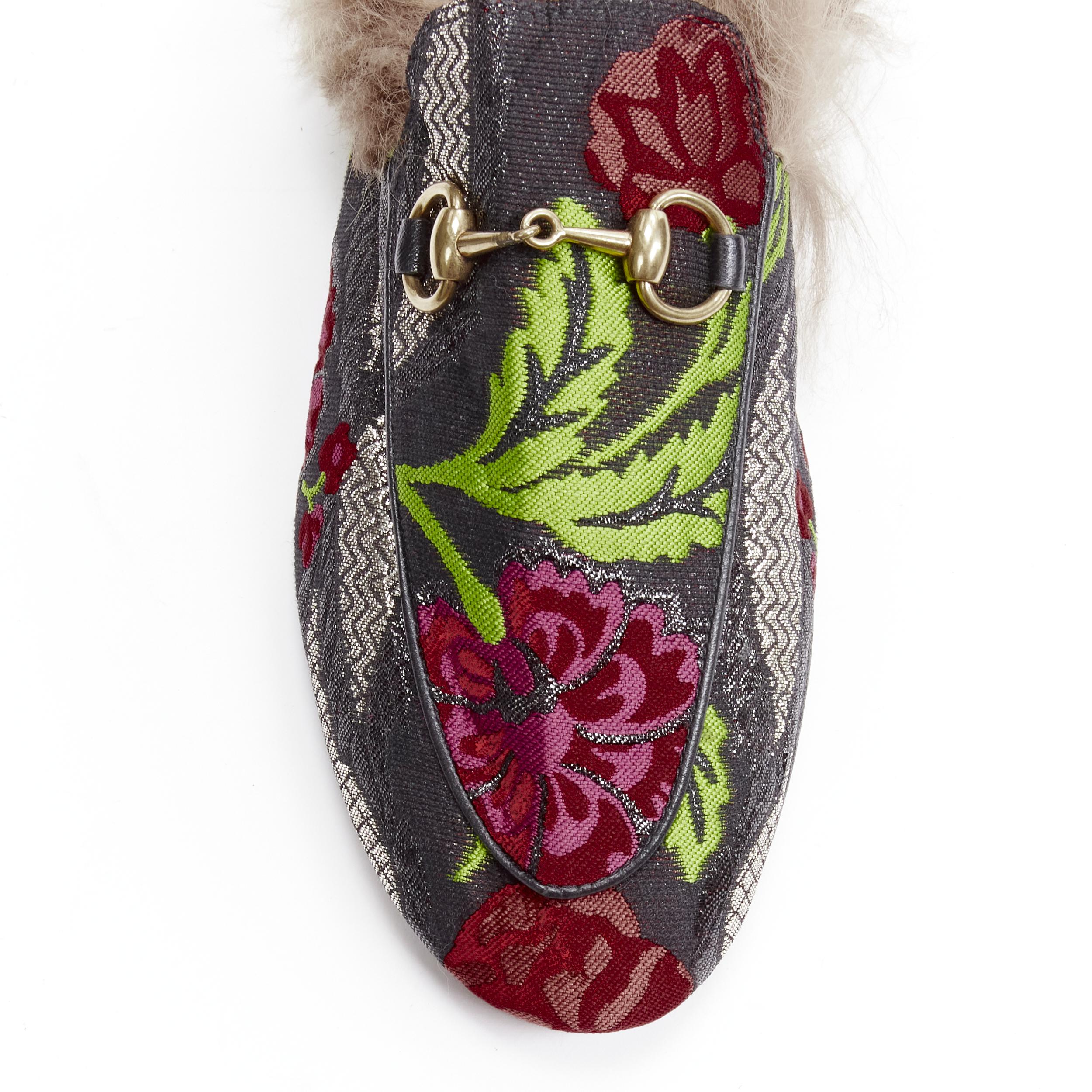 GUCCI Alessandro Michele Princetown floral jacquard fur lined loafer EU36 For Sale 2