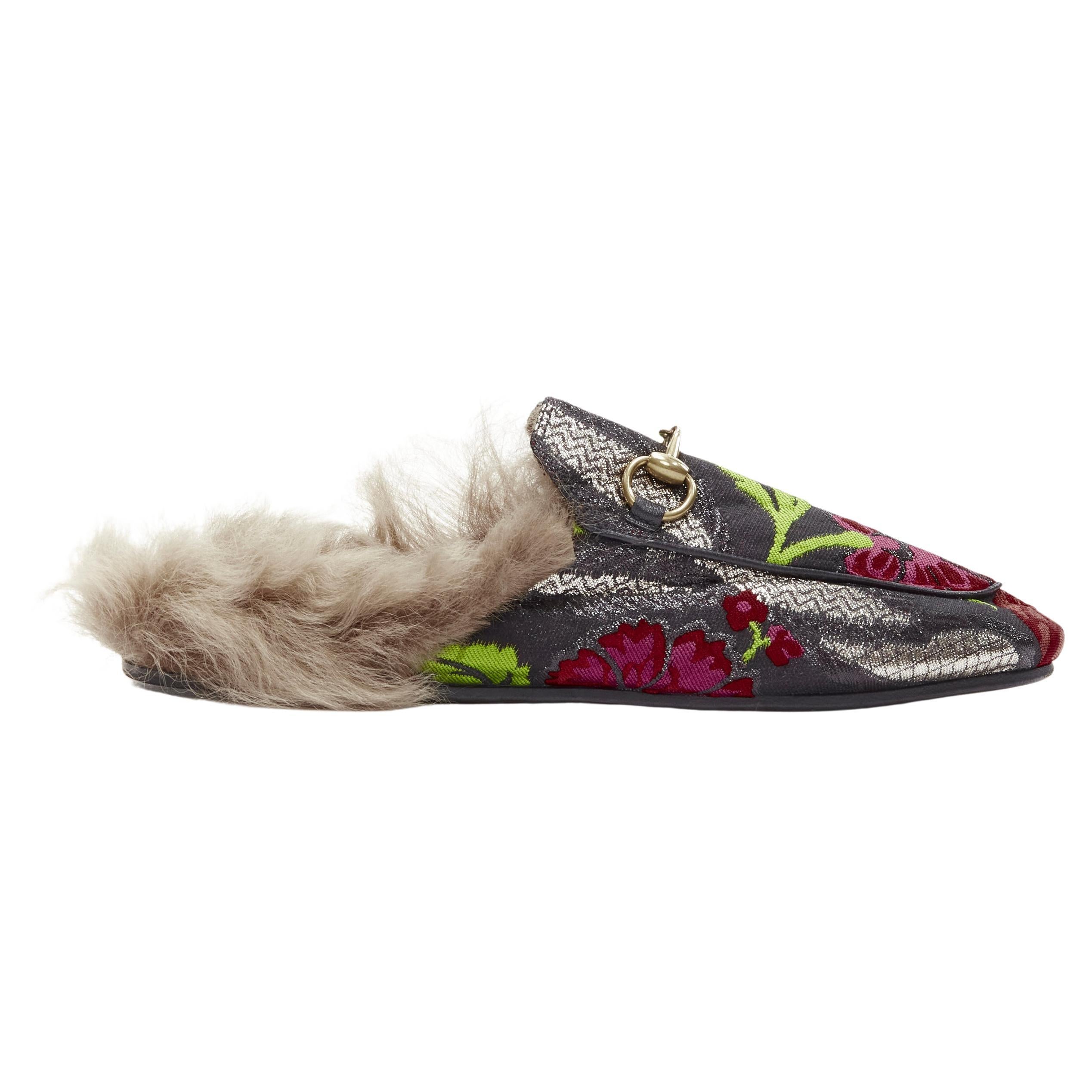 GUCCI Alessandro Michele Princetown floral jacquard fur lined loafer EU36 For Sale