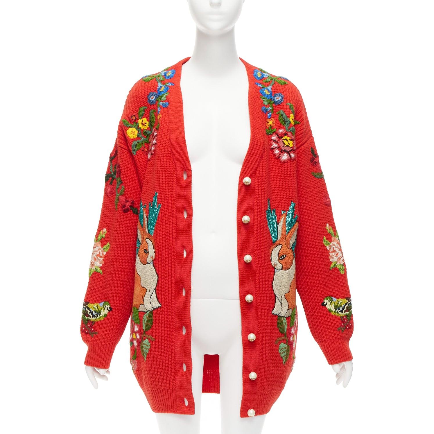 GUCCI Alessandro Michele red wool rabbit embroidery patch oversized cardigan S In New Condition For Sale In Hong Kong, NT