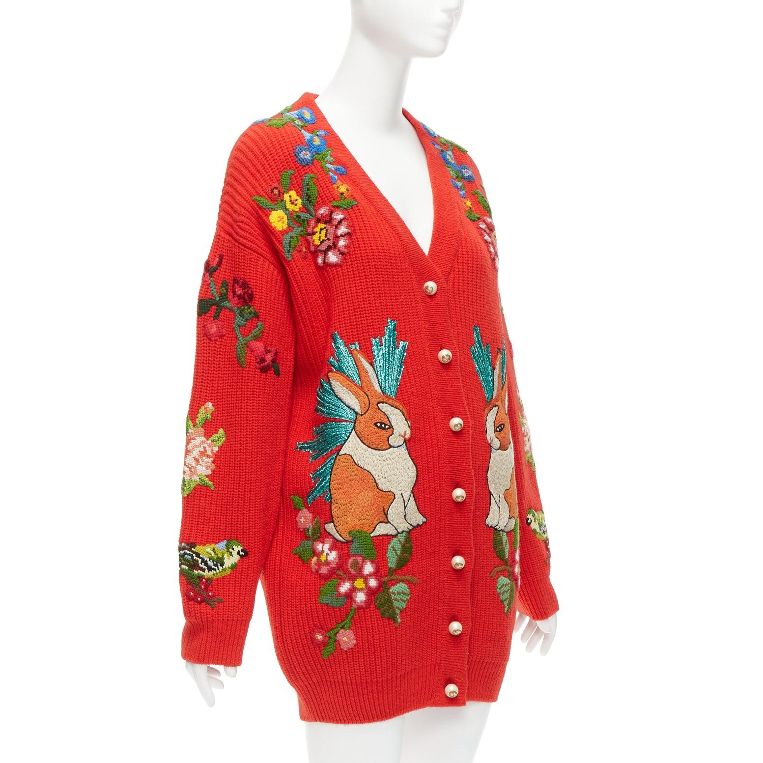 Women's GUCCI Alessandro Michele red wool rabbit embroidery patch oversized cardigan S For Sale