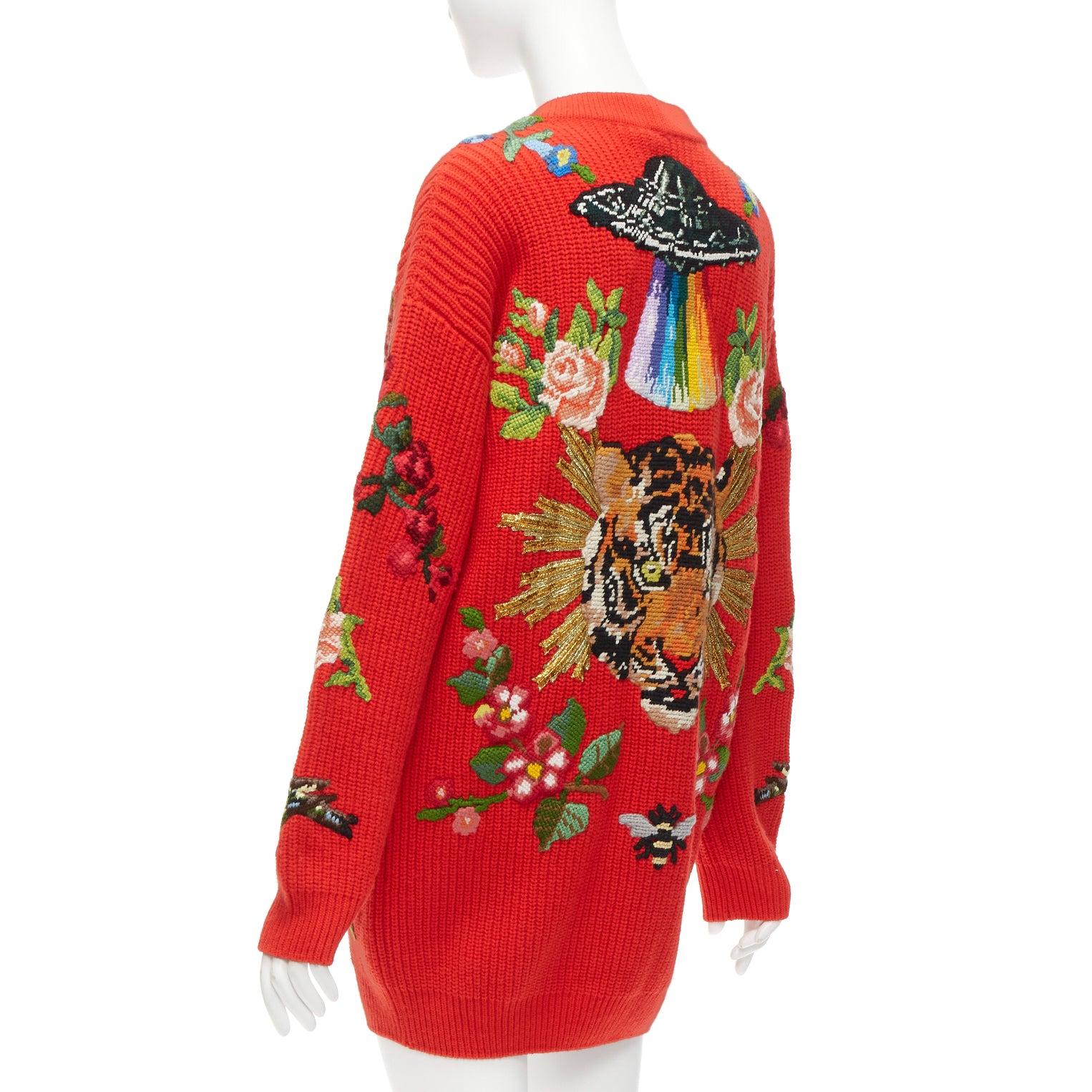 GUCCI Alessandro Michele red wool rabbit embroidery patch oversized cardigan S For Sale 2