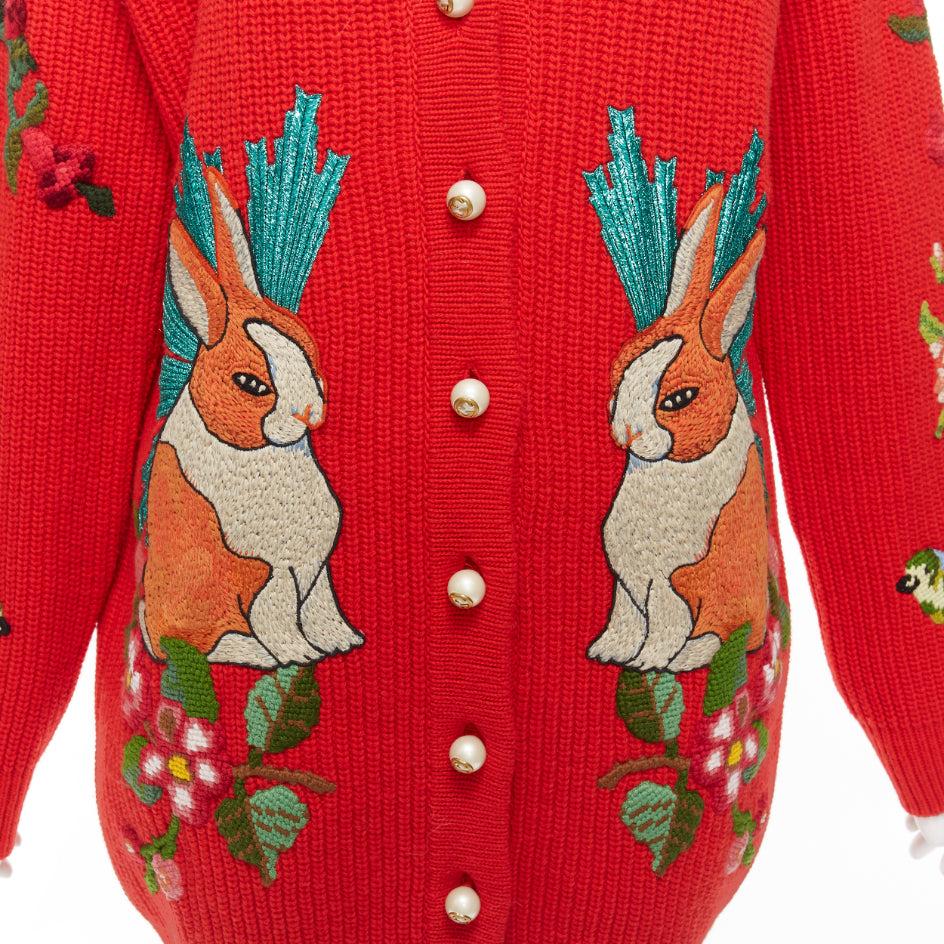 GUCCI Alessandro Michele red wool rabbit embroidery patch oversized cardigan S For Sale 4