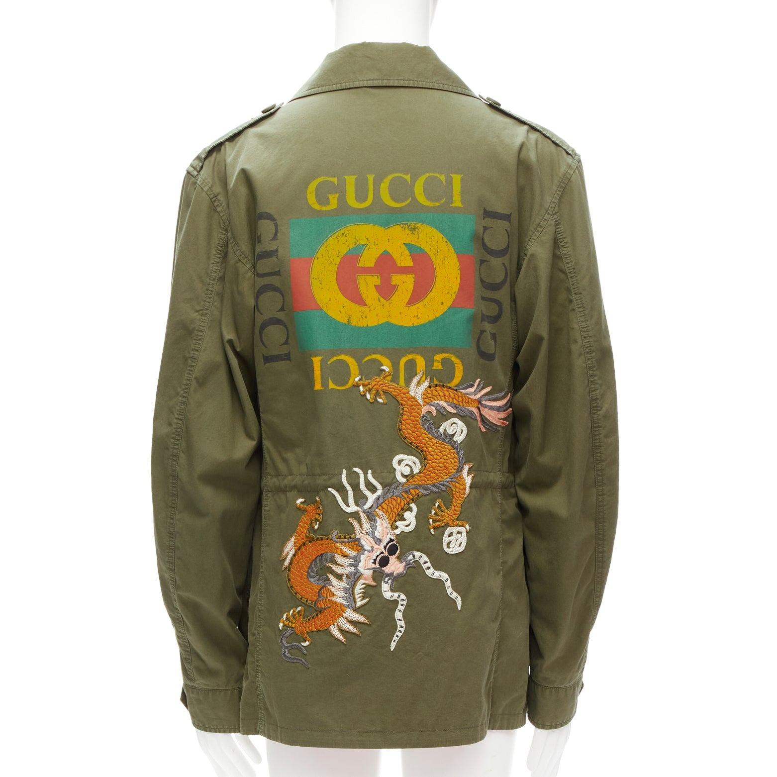 GUCCI Alessandro Michele Vintage Logo dragon embroidery green field jacket IT50 In Good Condition In Hong Kong, NT