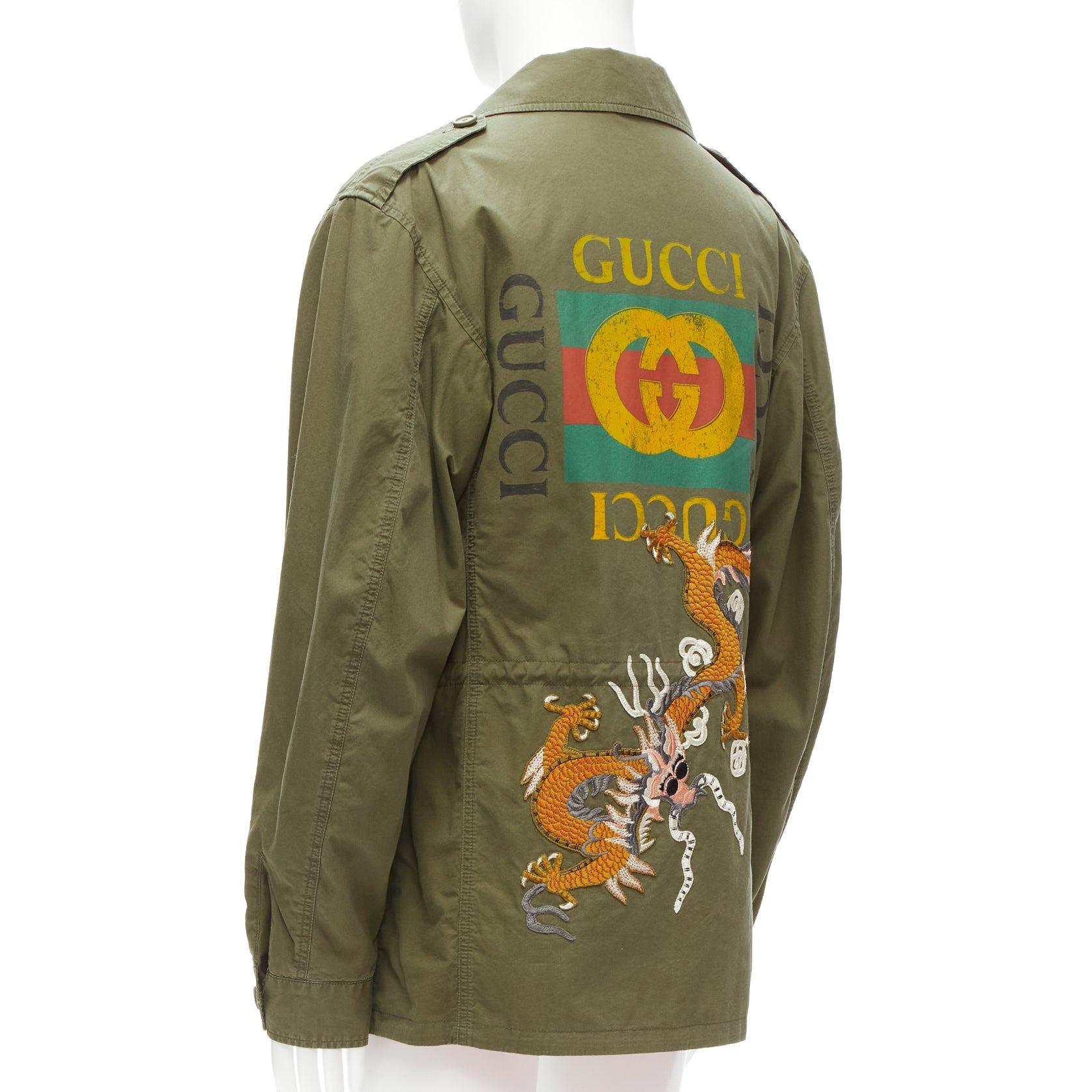 Men's GUCCI Alessandro Michele Vintage Logo dragon embroidery green field jacket IT50 For Sale