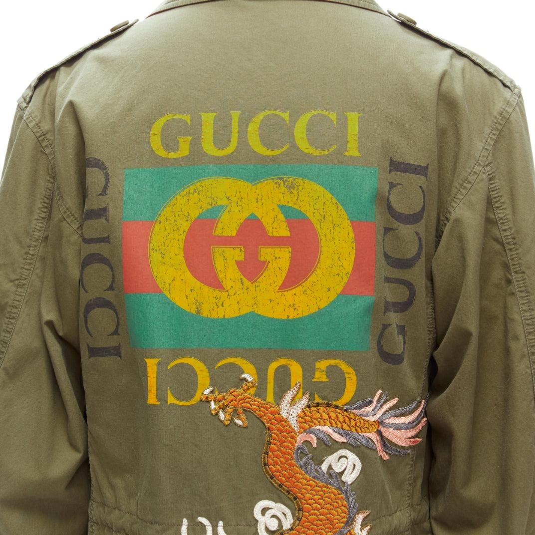 GUCCI Alessandro Michele Vintage Logo dragon embroidery green field jacket IT50 For Sale 1