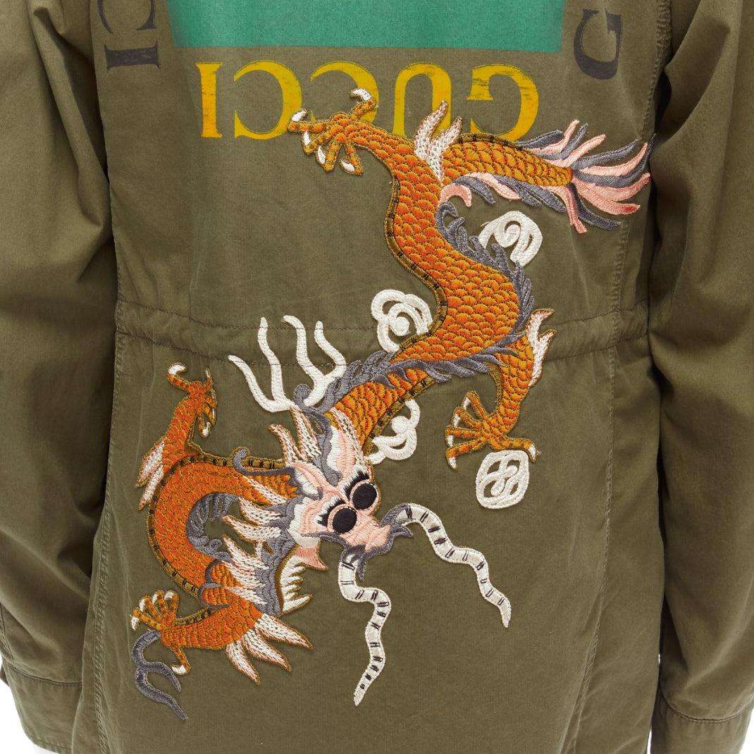 GUCCI Alessandro Michele Vintage Logo dragon embroidery green field jacket IT50 For Sale 2