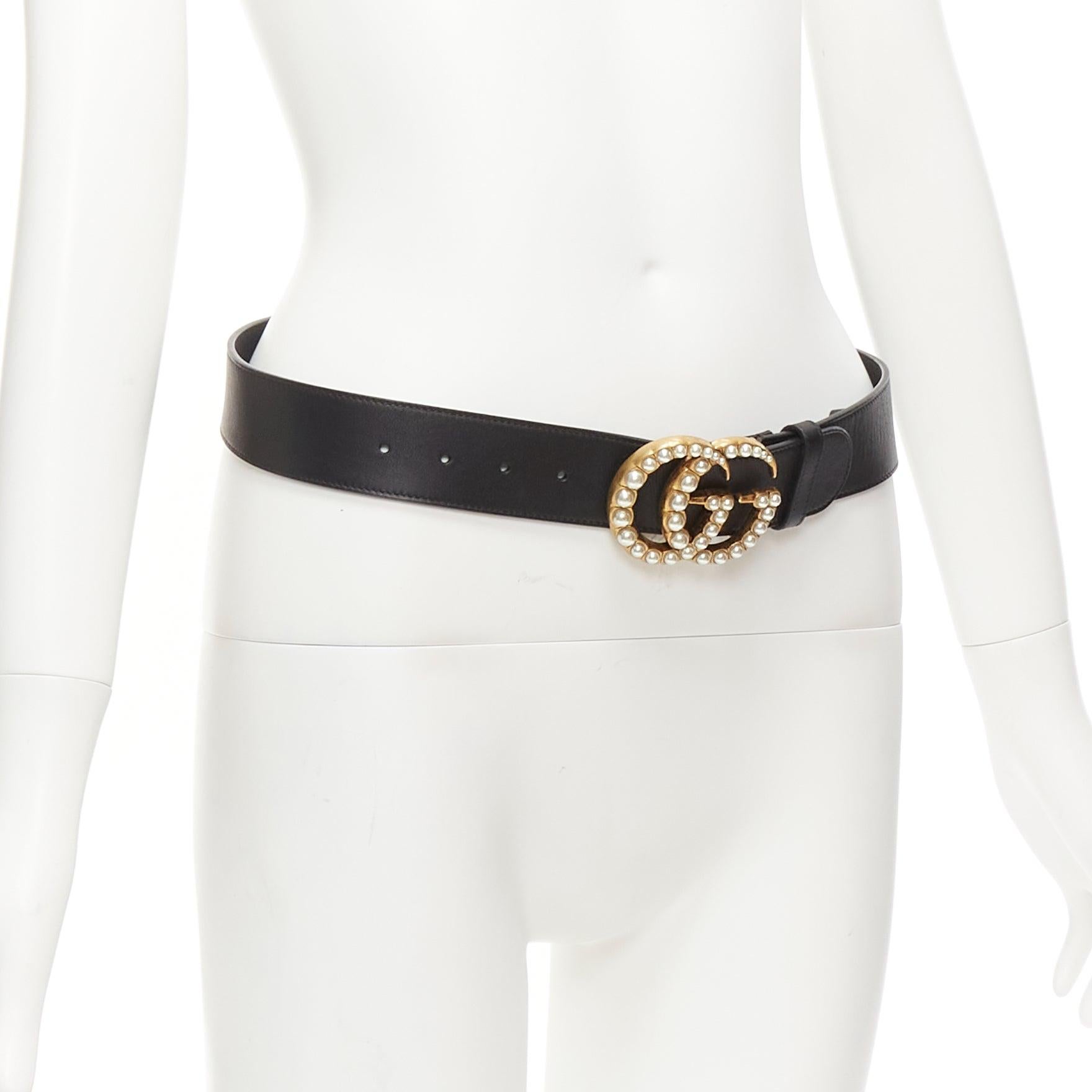 Black GUCCI Alessandro Michelel Double G gold pearl black leather belt 75cm