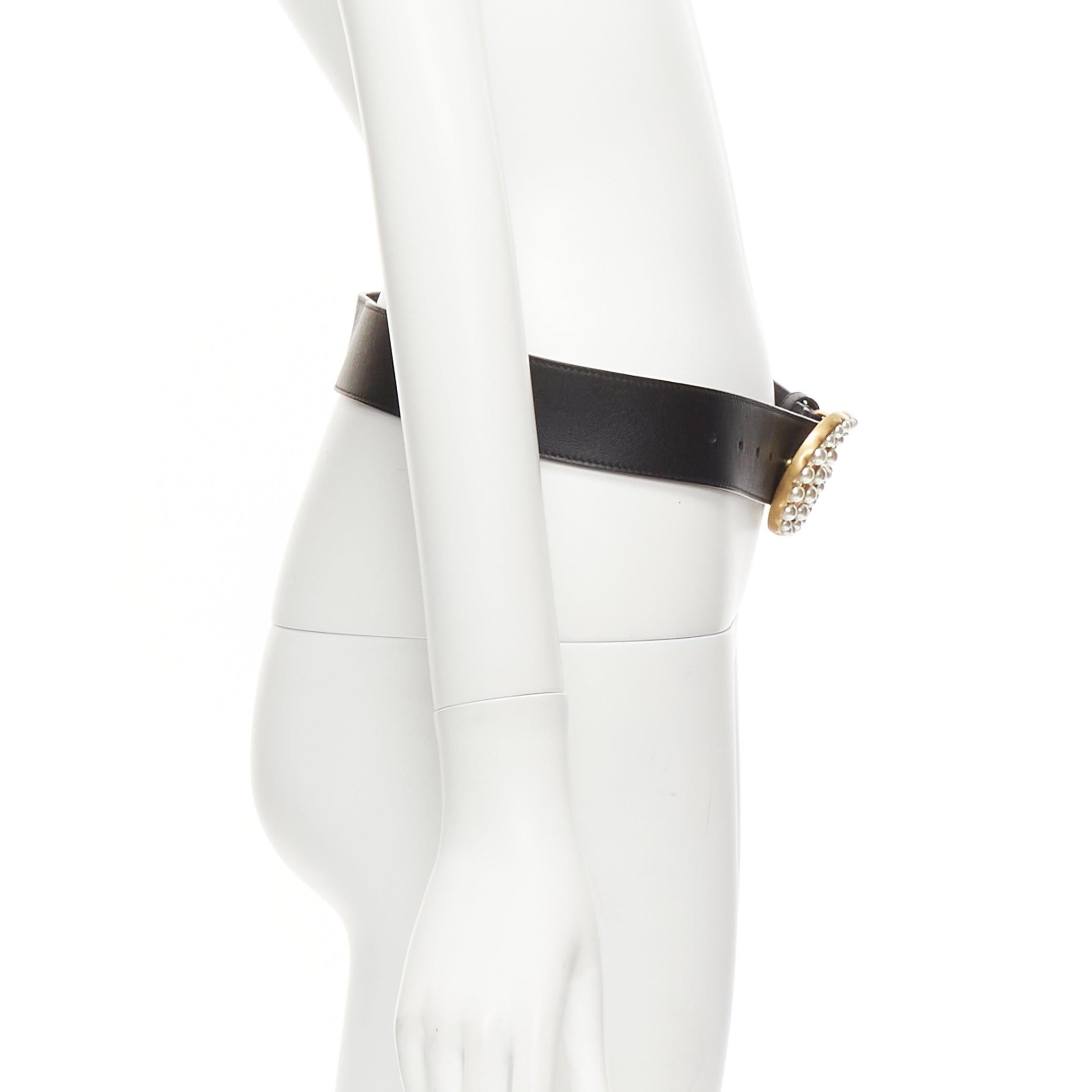 GUCCI Alessandro Michelel Double G gold pearl black leather belt 75cm In Excellent Condition In Hong Kong, NT