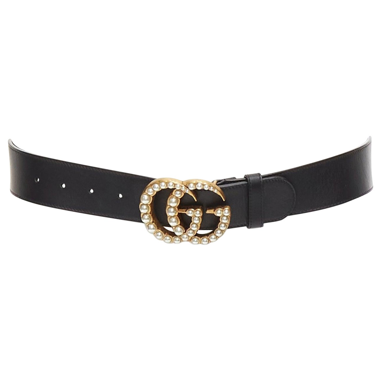 GUCCI Alessandro Michelel Double G gold pearl black leather belt 75cm