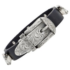 Gucci Anger Forest Aged Sterling Silver and Black Leather Bull Heads Bracelet