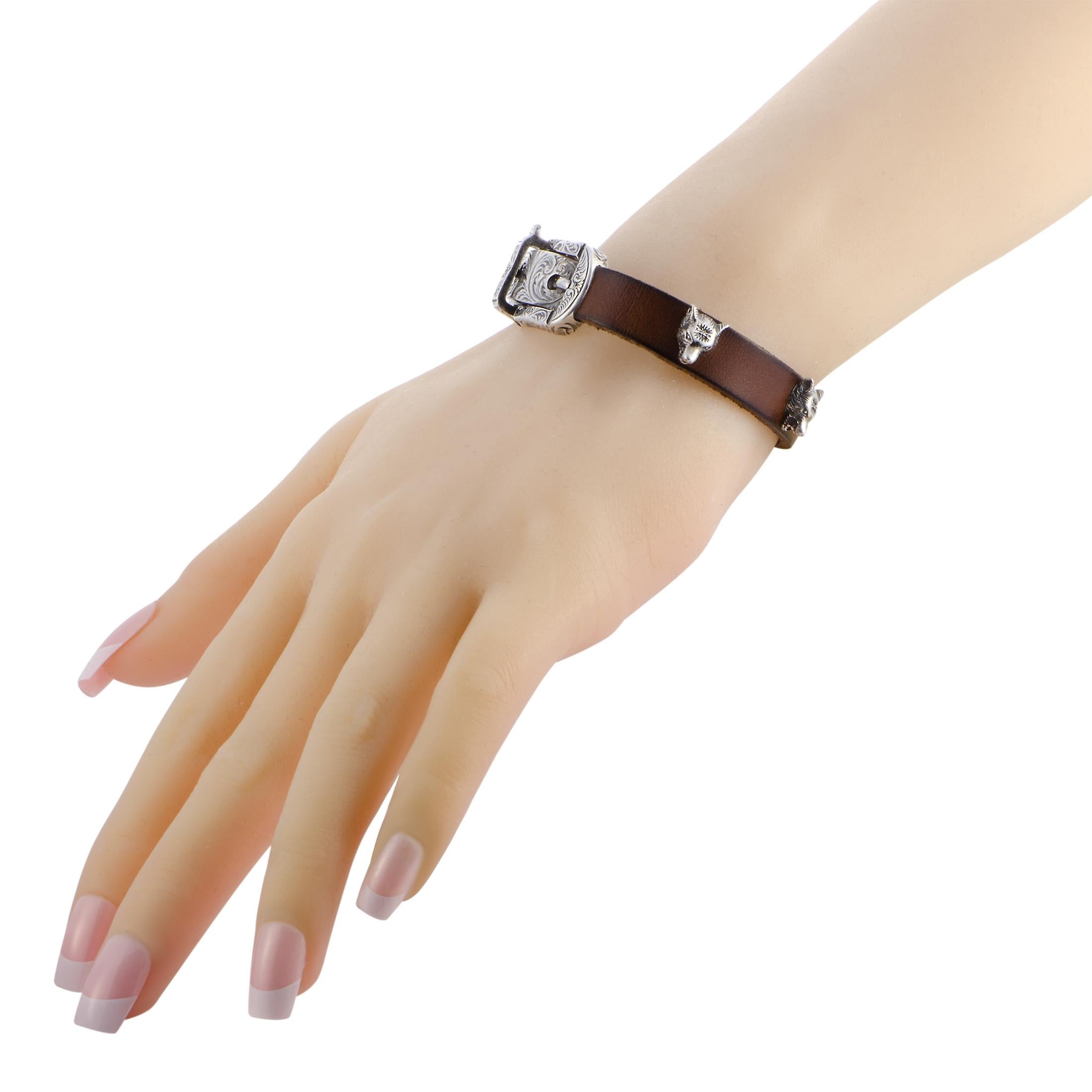 The Gucci “Anger Forest” bracelet is made out of aged sterling silver and leather and weighs 26 grams, measuring 7.50” in length.
 
 This item is offered in brand new condition and includes the manufacturer’s box and papers.