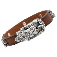 Gucci Anger Forest Aged Sterling Silver and Leather Wolf Heads Motif Bracelet