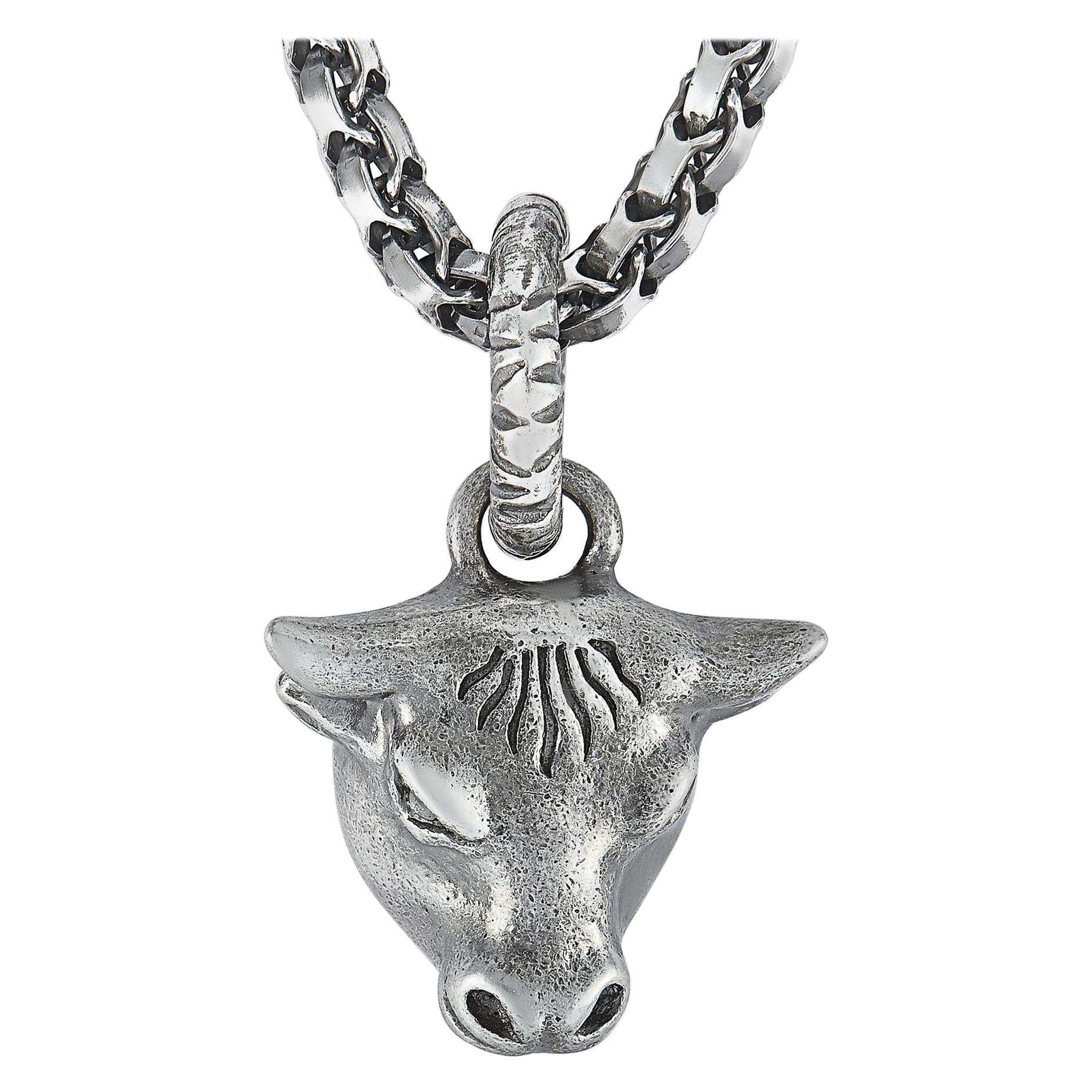 Gucci Anger Forest Aged Sterling Silver Bull Head Pendant Necklace