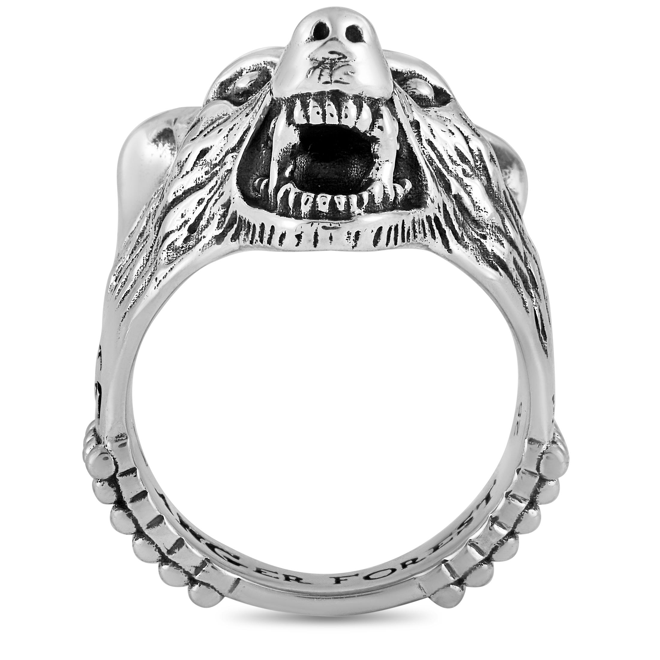 The Gucci “Anger Forest” ring is crafted from silver and weighs 18.5 grams. The ring boasts band thickness of 5 mm and top height of 12 mm, while top dimensions measure 22 by 24 mm.
 
 This item is offered in brand new condition and includes the