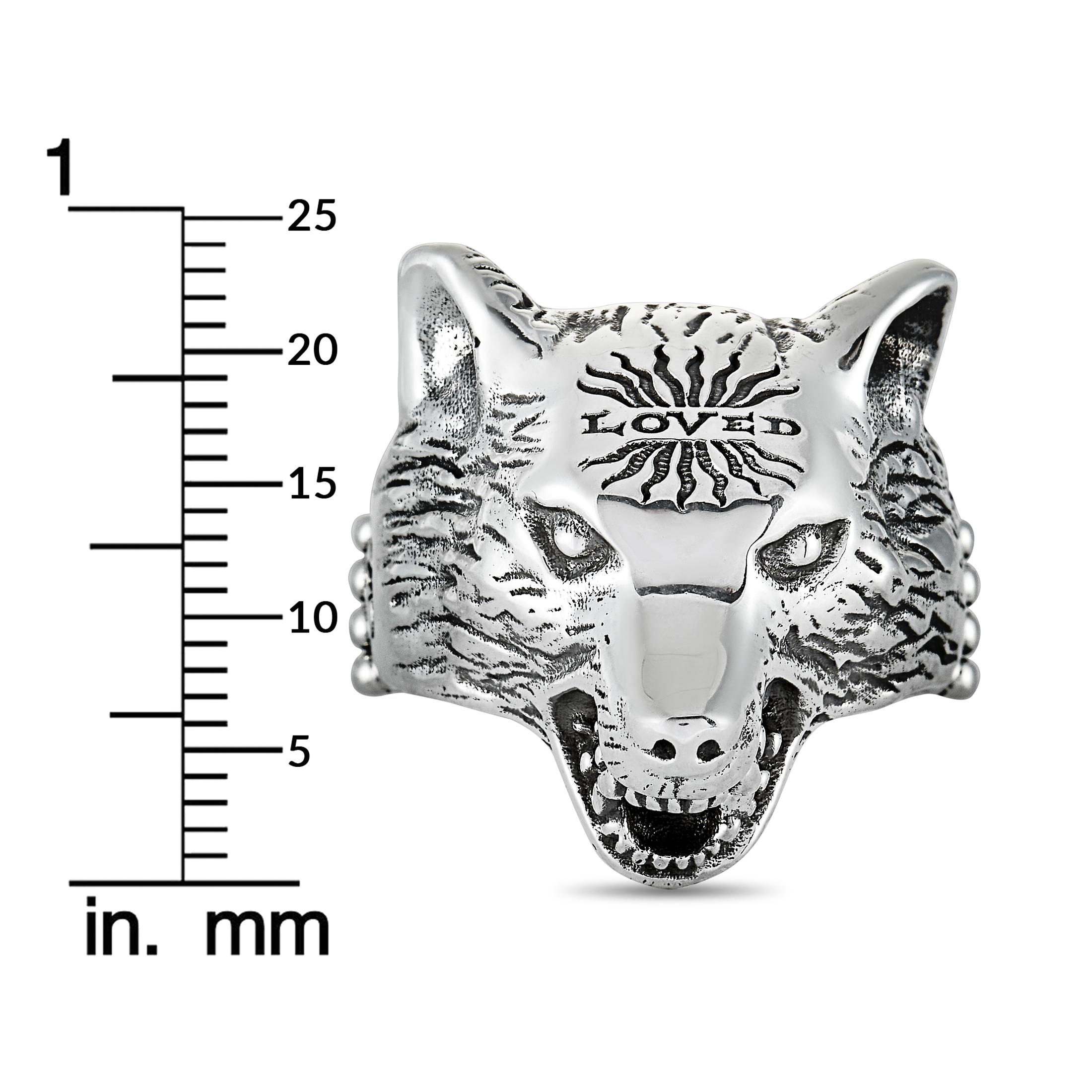 Gucci Anger Forest Silver Wolf Head Ring In New Condition In Southampton, PA