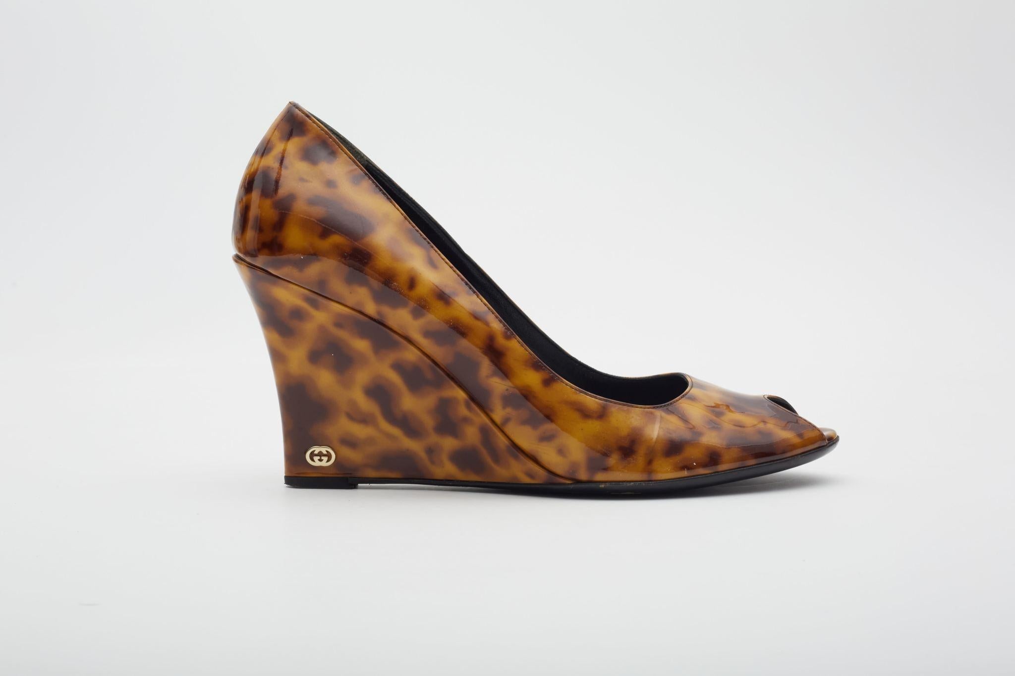 Gucci Animal Print G Logo Patent Wedges (10B) For Sale 3