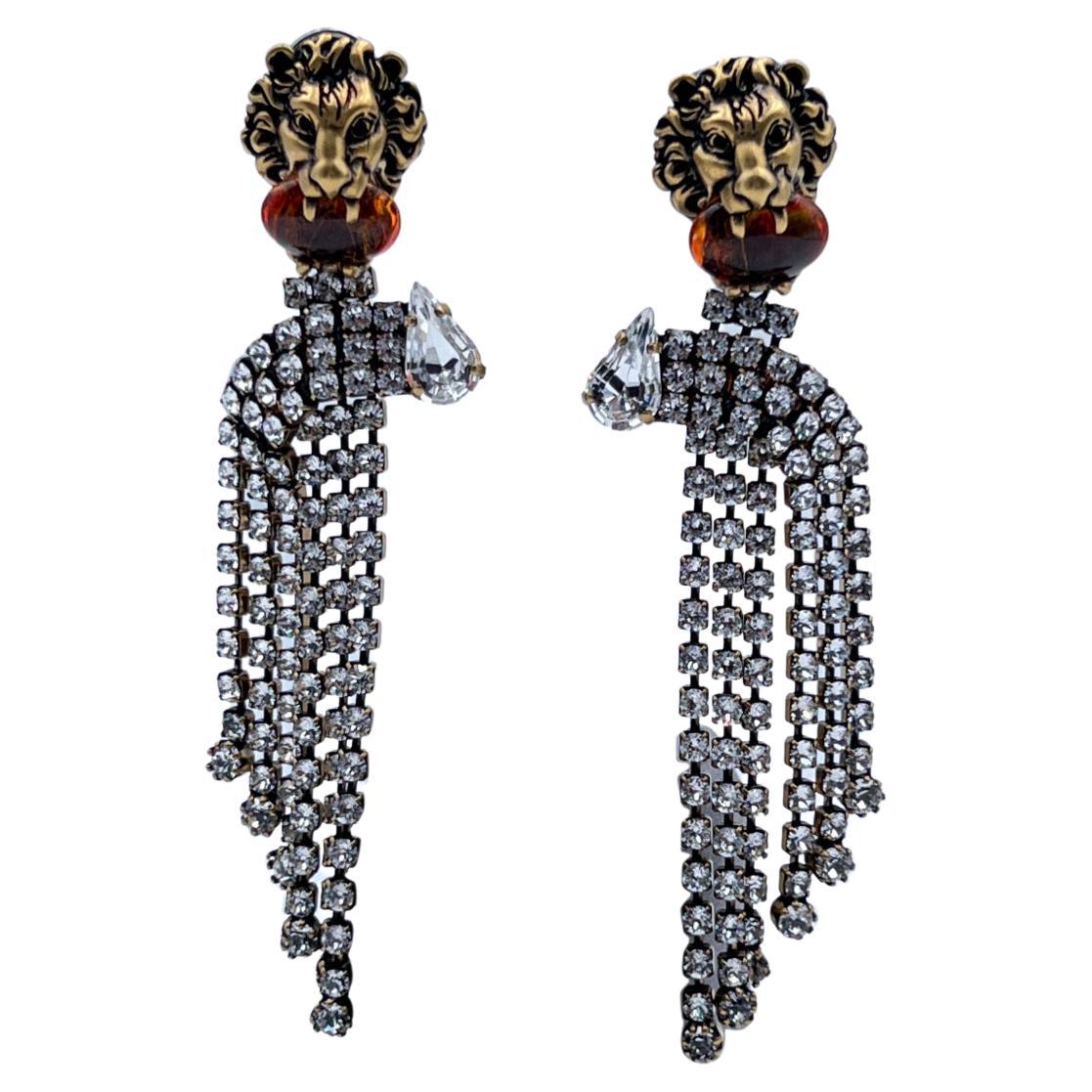 Gucci Antiquated Gold Lion Head Cascade Earrings With Crystals