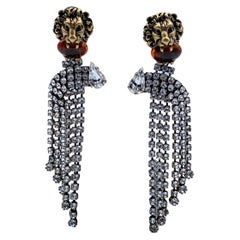 Gucci Antiquated Gold Lion Head Cascade Earrings With Crystals